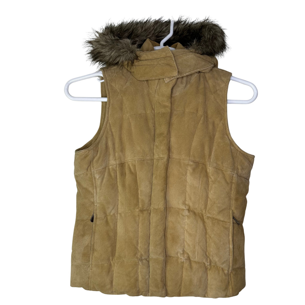 Eddie Bauer Vest Womens Small Suede Leather Down Faux Fur Hood Winter Puffer Y2K